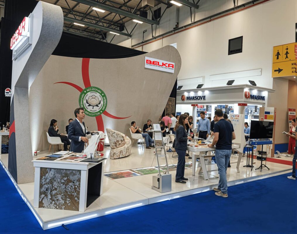 A trade show booth featuring multiple people interacting, with "BELKA" branding visible. Attendees engage in discussions, seated or standing, in a professional setting.